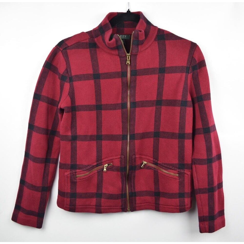 Lauren Ralph Lauren Womens Sweater Jacket Red Buffalo Plaid Zip Cotton Sz Small